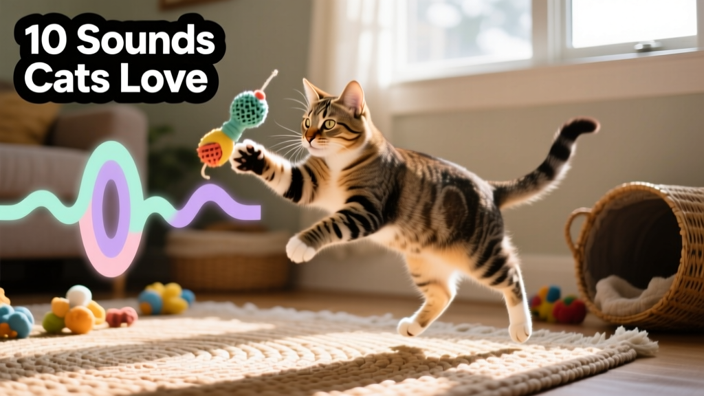 A curious cat batting at a FurPetVo Stalk & Snap toy mid-motion, with visible sound-wave graphics subtly overlaid in the background