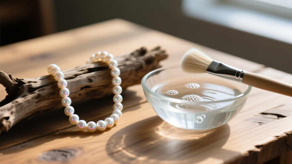 Macro shot of a shell and pearl necklace on driftwood beside a glass bowl of soapy water and a soft brush on a rustic wooden table