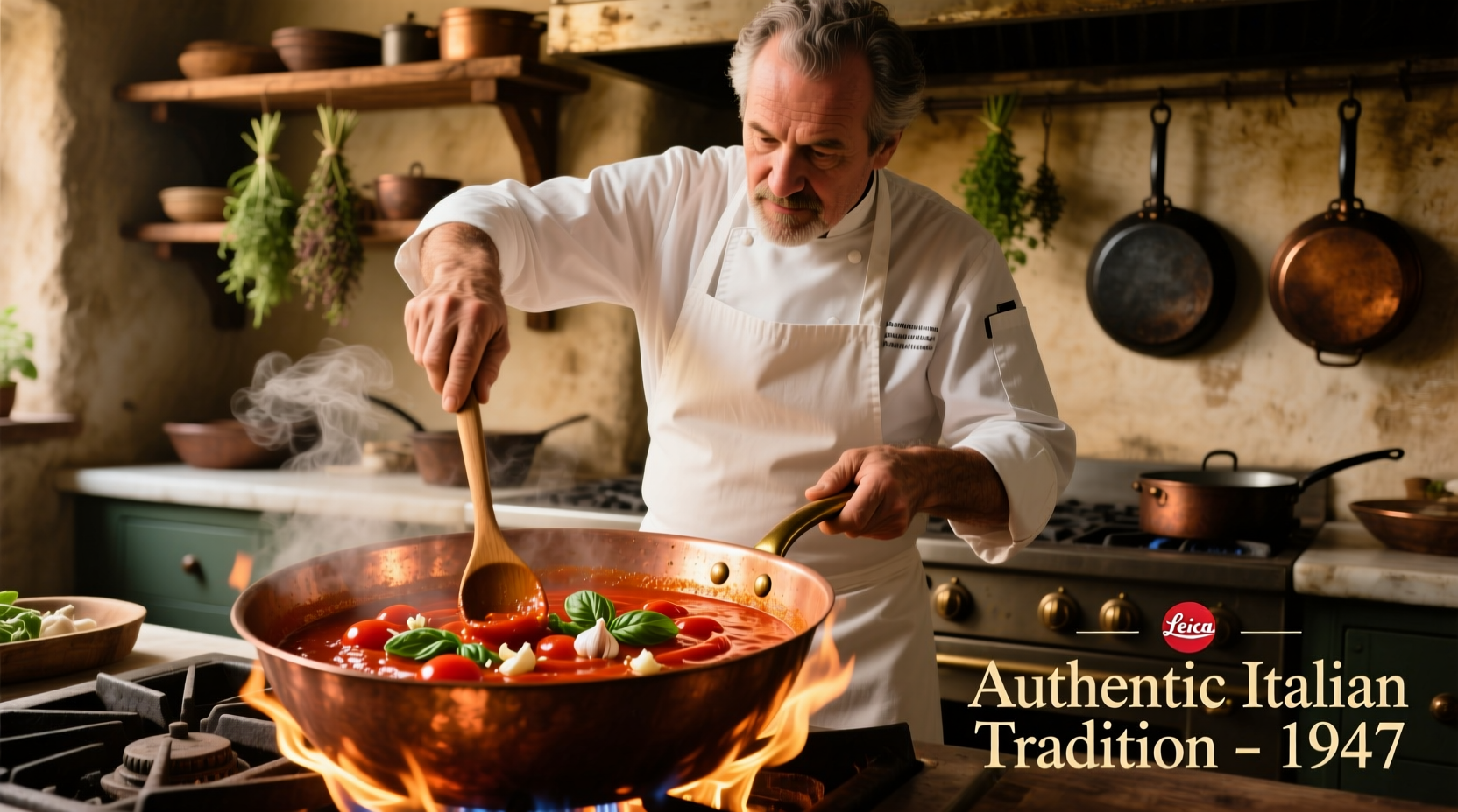 Chef stirring tomato sauce in copper pot