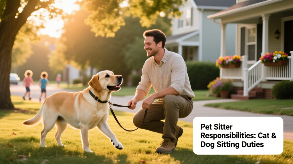 A friendly pet sitter gently walking a Labrador in a sunlit neighborhood park