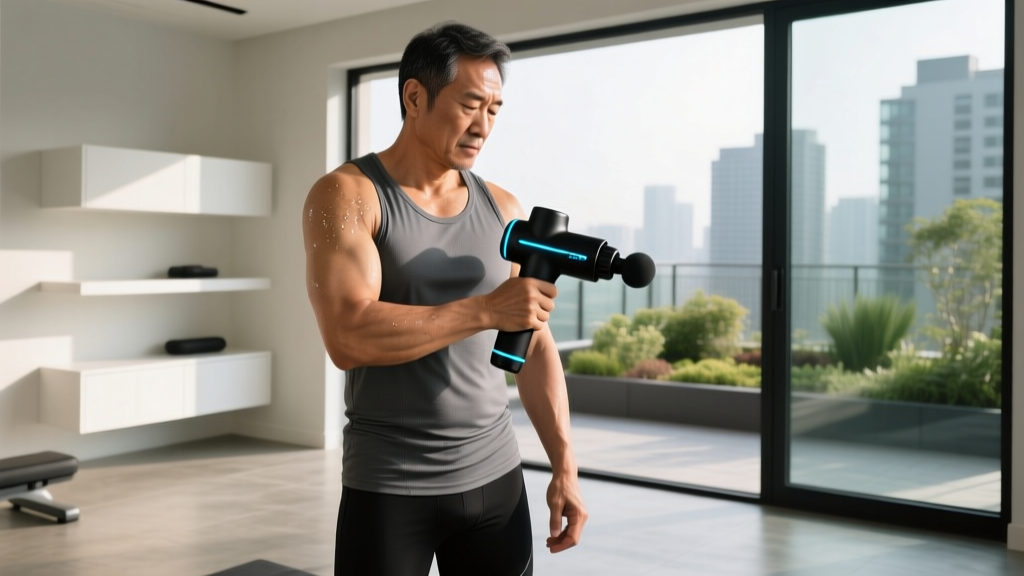 A man using a smart percussion massage gun on his shoulder after a heavy workout in a modern home gym environment setup