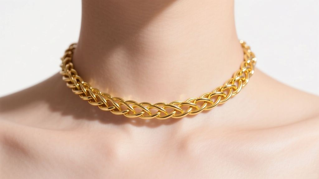 18k yellow gold Milanese mesh choker necklace on a collarbone, studio lighting highlighting the intricate woven wire texture.