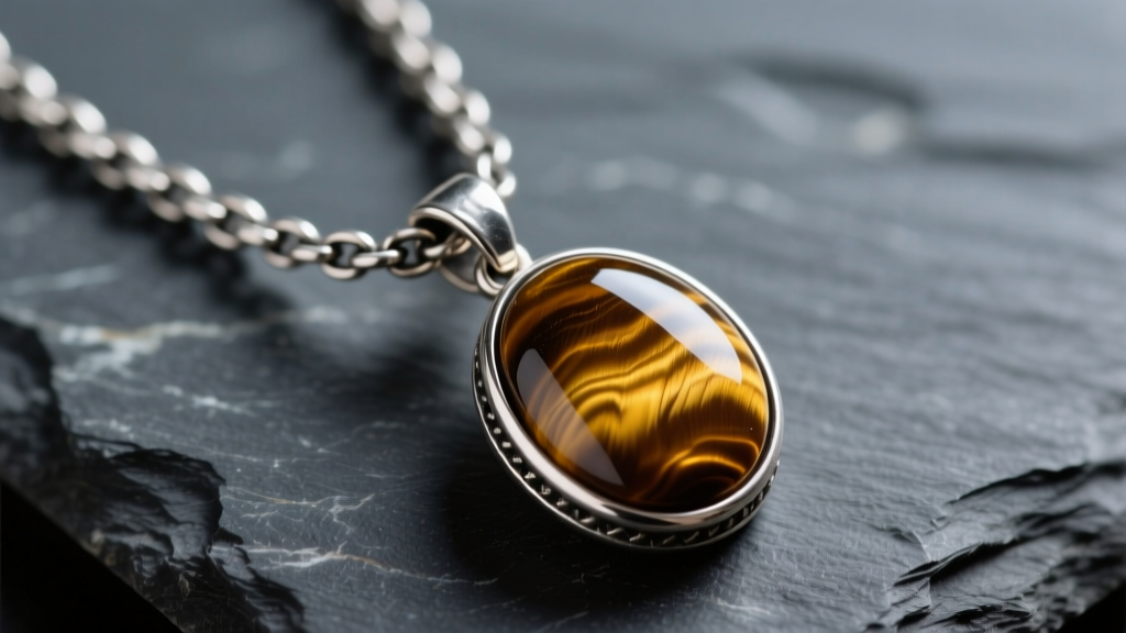 Close-up of a polished 25mm tiger's eye cabochon pendant on a thick 3mm oxidized sterling silver rolo chain, resting on dark slate.