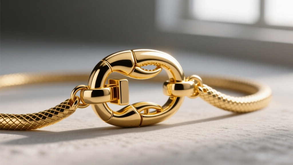 Extreme close-up of a polished 18k yellow gold lobster clasp securing a snake chain, showing the smooth lever mechanism clearly.
