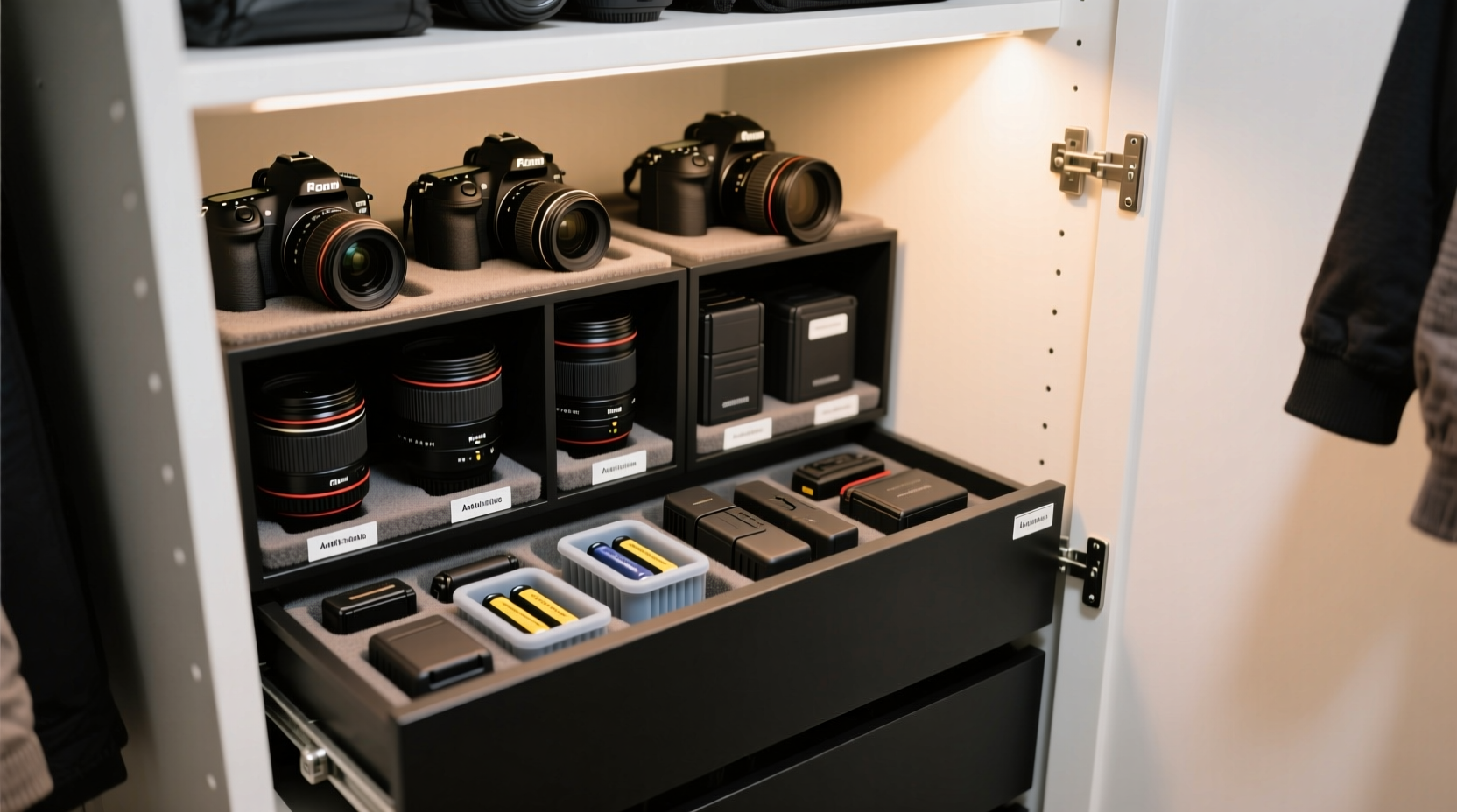closet organization tips for dslr lenses batteries