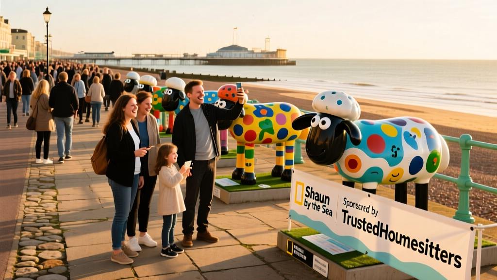 A crowd enjoying the Shaun by the Sea art trail along Brighton’s seafront, with several painted sheep sculptures visible in the background