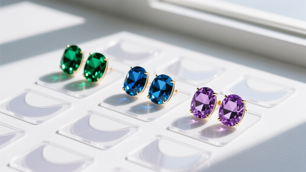 Overhead flat lay showing colorful crystal statement earrings resting on small, clear plastic lobe support patches