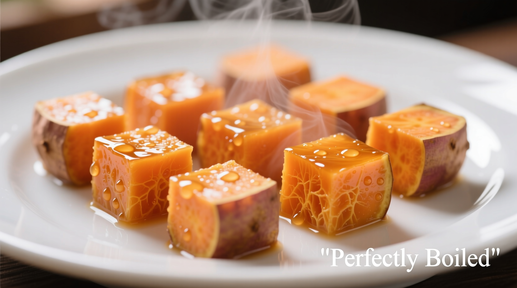 Perfectly boiled sweet potato cubes on white plate