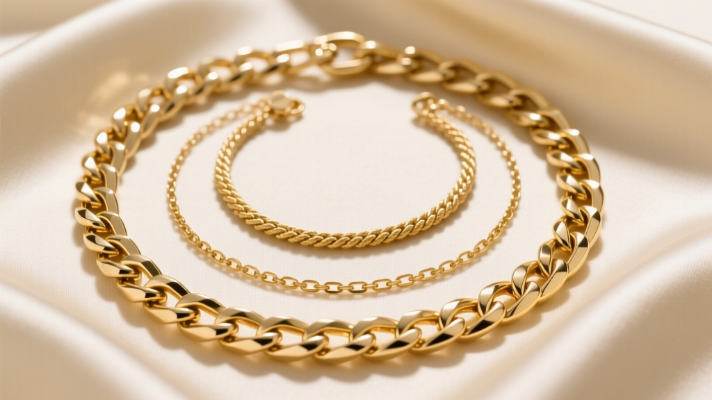 Top-down view of a chunky gold layered necklace set on cream silk, featuring a 6mm Cuban link, 4mm rope, and 2mm paperclip chain.