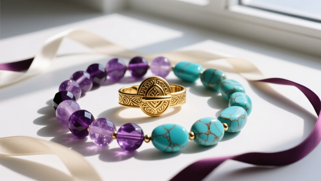 Flat lay of amethyst and turquoise beads, a heavy gold clasp, and silk thread for crafting high-end multi-strand statement jewelry.