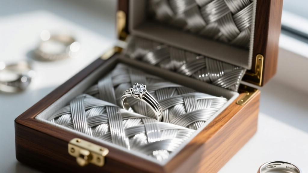 Macro shot of Pacific Silvercloth lining in a standing jewelry box, showing woven zinc-embedded fibers protecting sterling silver rings.