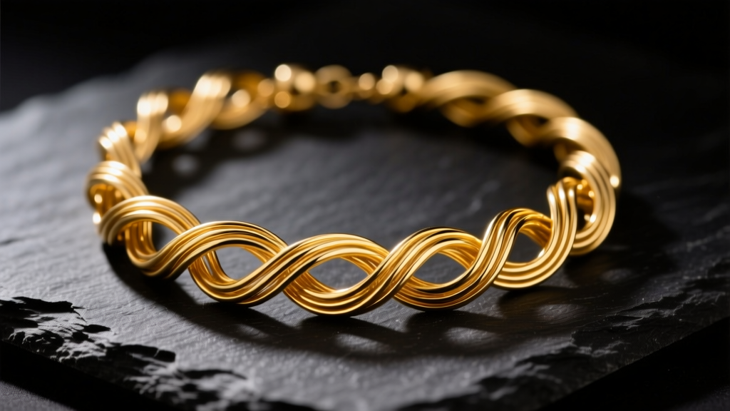 Macro shot of a tangled 18k yellow gold spiral wire necklace on dark slate, lit by a warm spotlight highlighting kinks and bends.