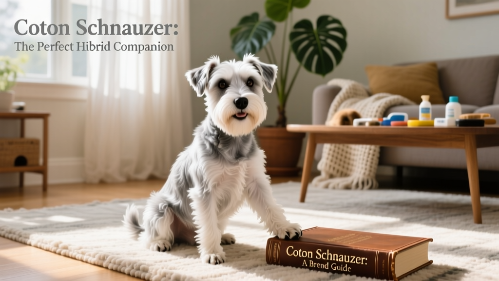 A smiling Coton Schnauzer sitting upright on a sunlit living room rug, showing its fluffy white-and-silver coat and expressive eyes
