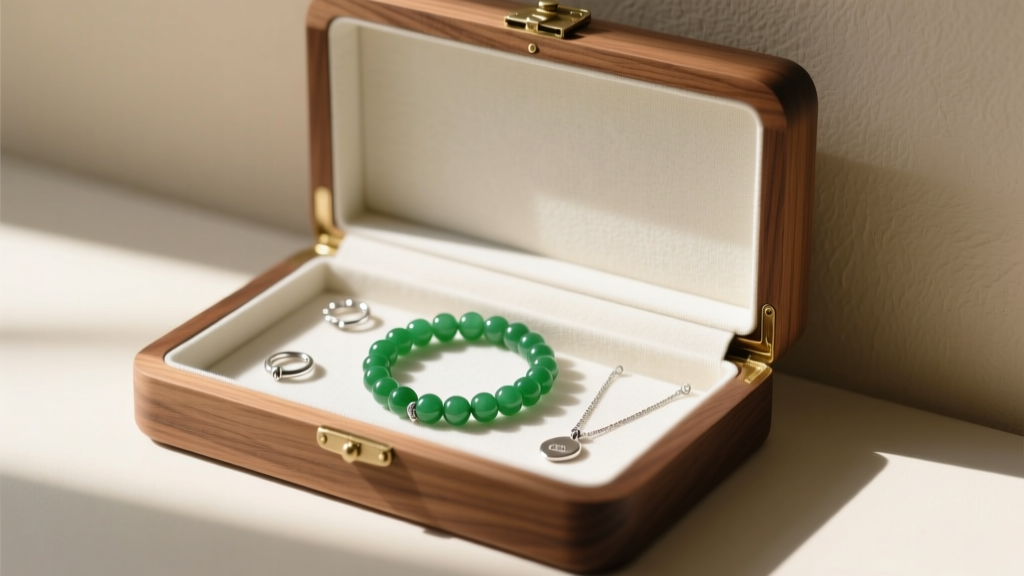 Open cedarwood jewelry box lined with cotton, holding a coiled jade bead necklace separated from silver jewelry pieces.