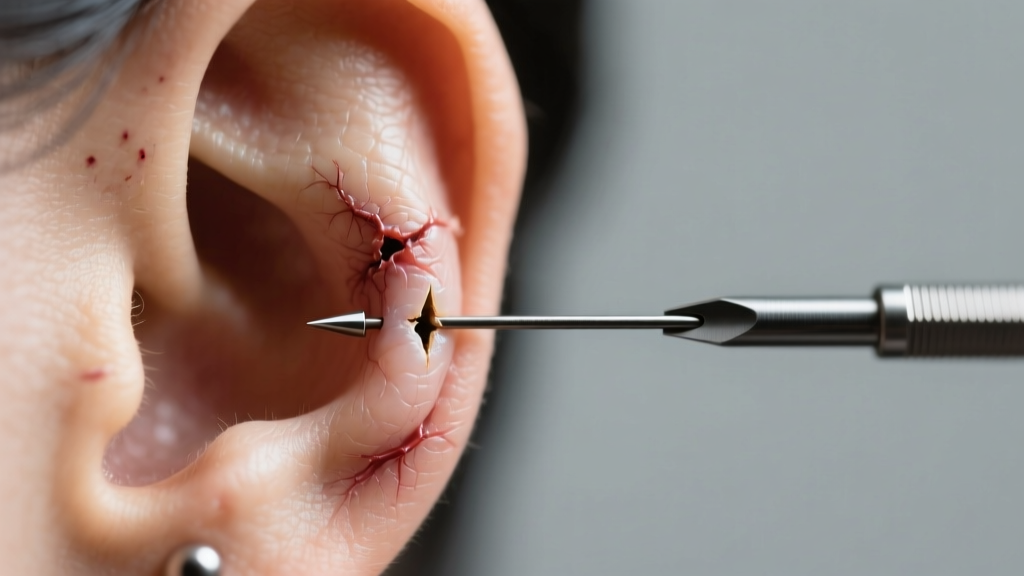 Macro photo of a healed earlobe showing tissue scarring from a blunt machine stud compared to a sharp beveled piercing needle.