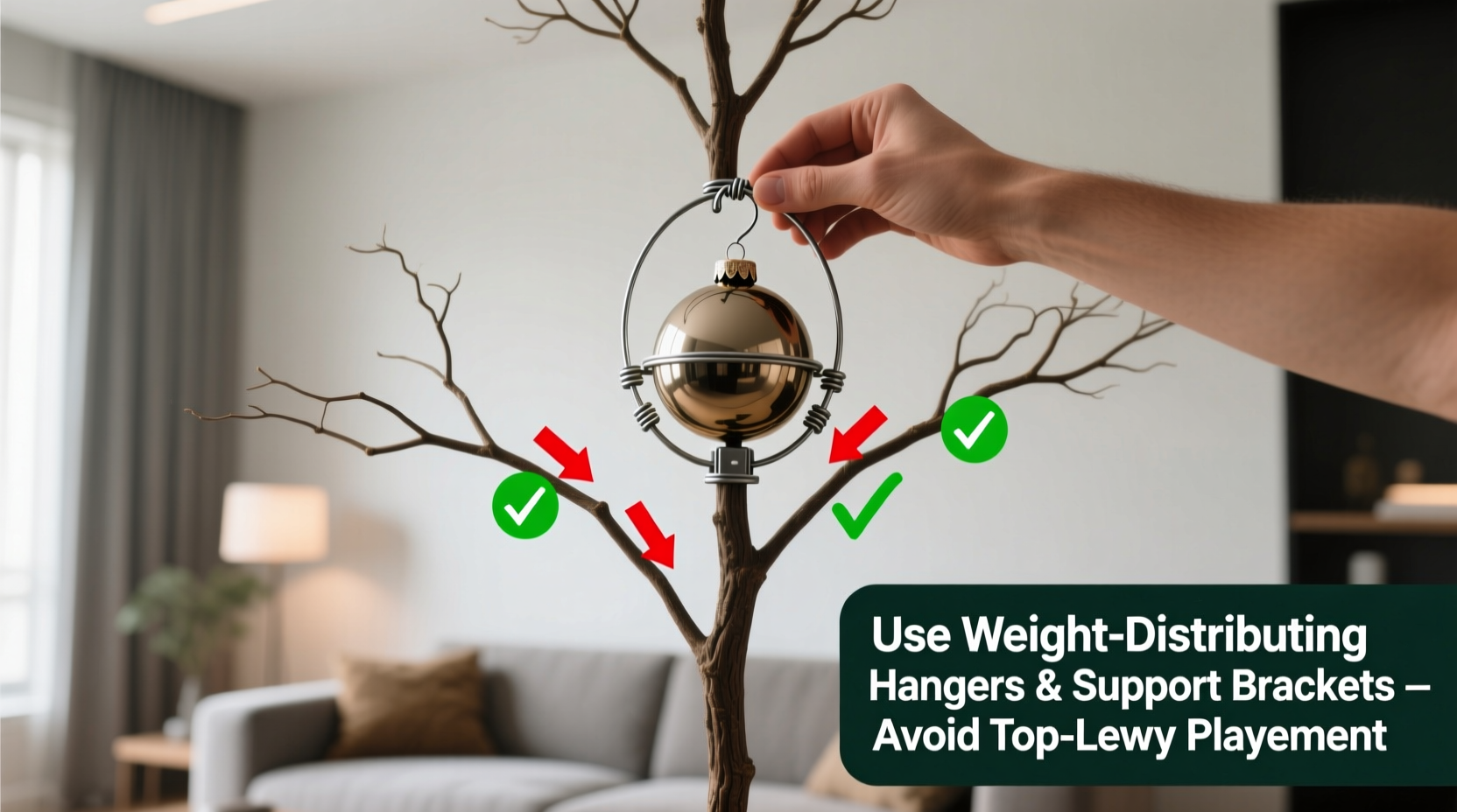how to safely hang heavy ornaments on a slim artificial tree without bending limbs