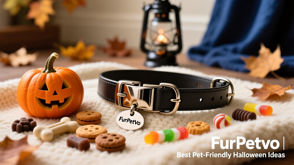A close-up of a dog’s collar with a shiny FurPetVo personalized ID tag, resting on a soft blanket beside a small pumpkin and Halloween-themed treats