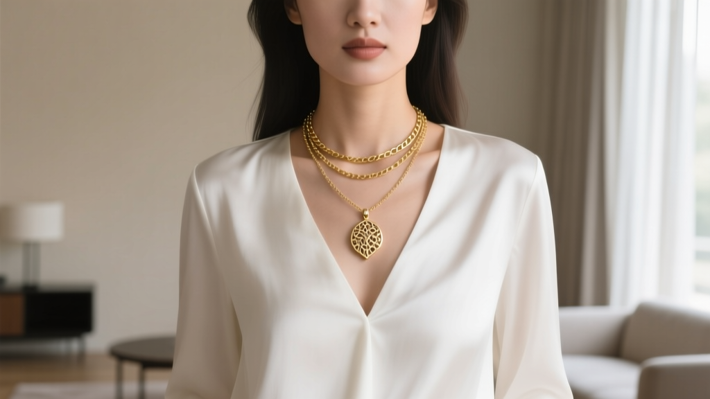 Woman wearing layered necklaces starting with a 16 inch gold chain and an 18 inch pendant over a crisp white V-neck silk blouse