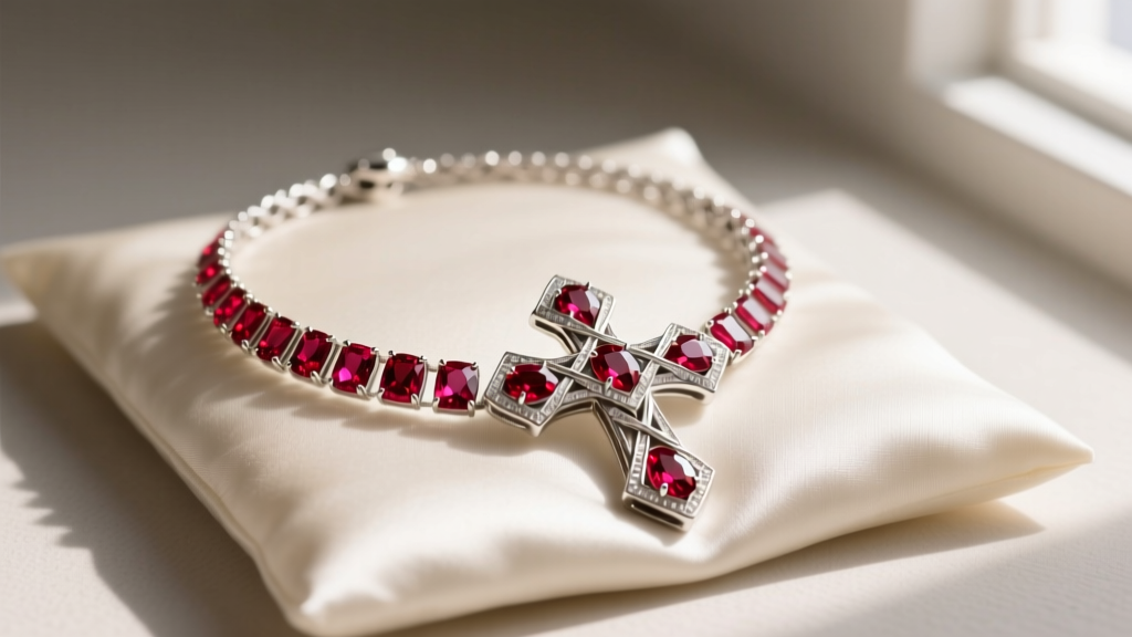 Platinum Byzantine cross necklace with channel-set lab rubies highlighting intricate metalwork and vibrant red stones