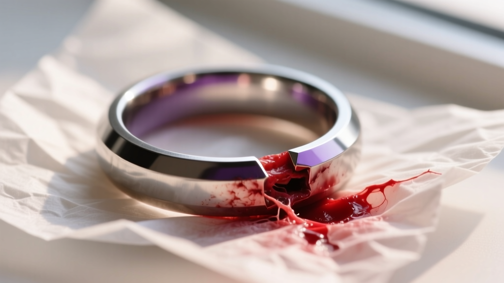Macro photo of a magnetic ring on tissue paper, showing the severe pinching and necrosis risks of tension-based genital jewelry.