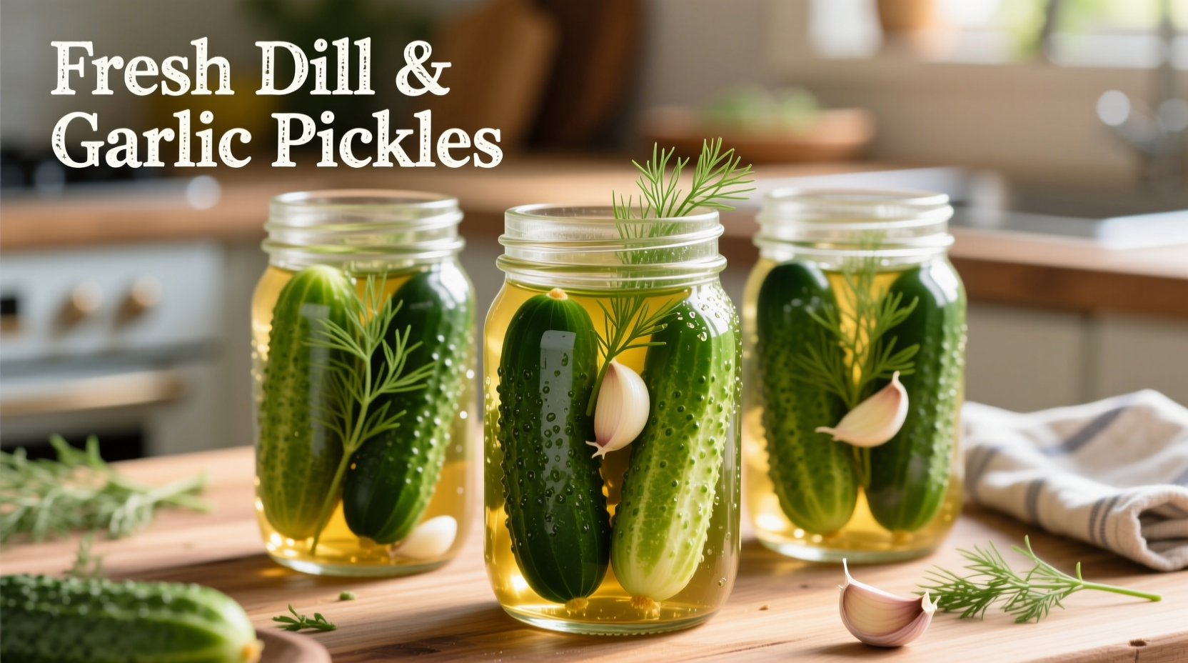Freshly canned pickles in mason jars with dill and garlic