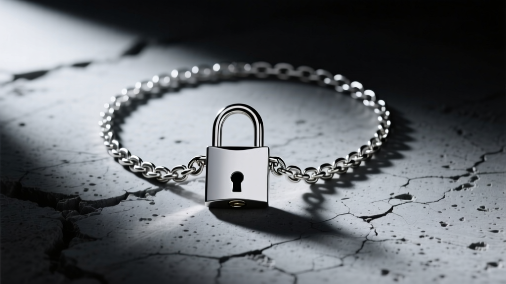 Silver Maison Margiela padlock necklace on raw concrete, highlighting the industrial clasp under moody studio lighting.