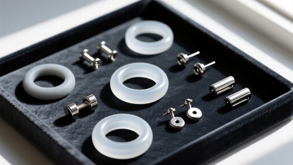 Flat-lay of silicone O-rings, titanium screw-backs, and locking earring backs arranged on a dark velvet jewelry display surface.