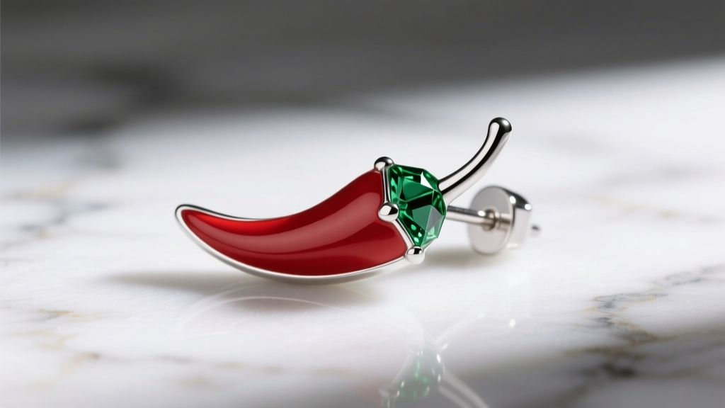 Close-up of a sterling silver chili pepper stud earring with bright red cold enamel and a green cubic zirconia stem on marble