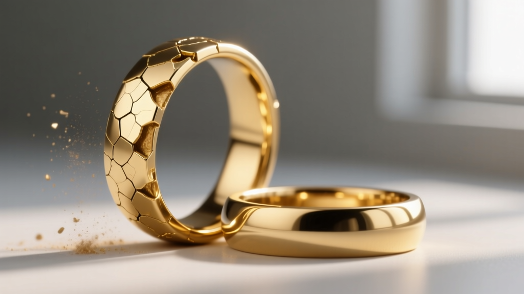 Macro photography showing the flaking edge of a 0.5-micron gold-plated brass ring next to a pristine 2.5-micron gold vermeil band.