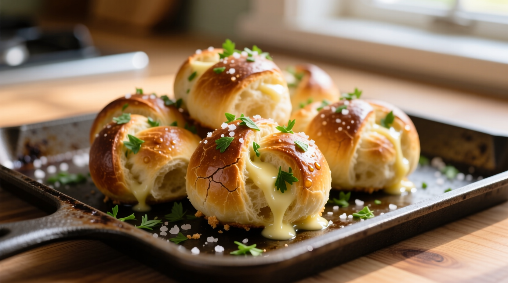 Golden brown garlic knots on baking sheet with fresh parsley