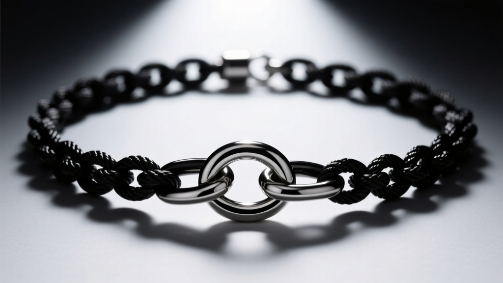 Close-up of a blackened 316L stainless steel rope chain noose necklace with a magnetic breakaway clasp, moody studio lighting.