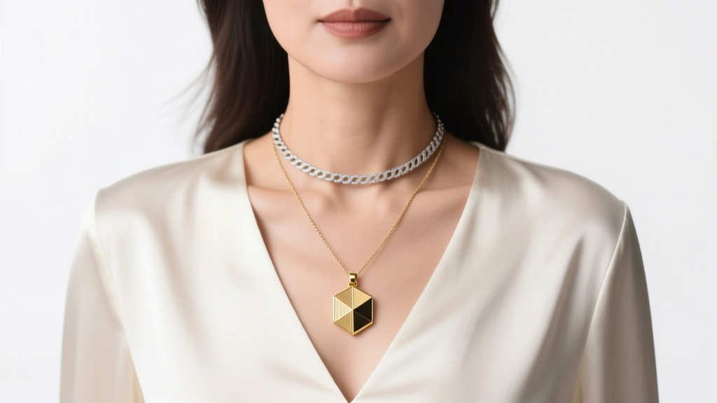 Woman wearing a layered 16-inch choker and 20-inch pendant necklace over a V-neck silk blouse, soft studio lighting, front view