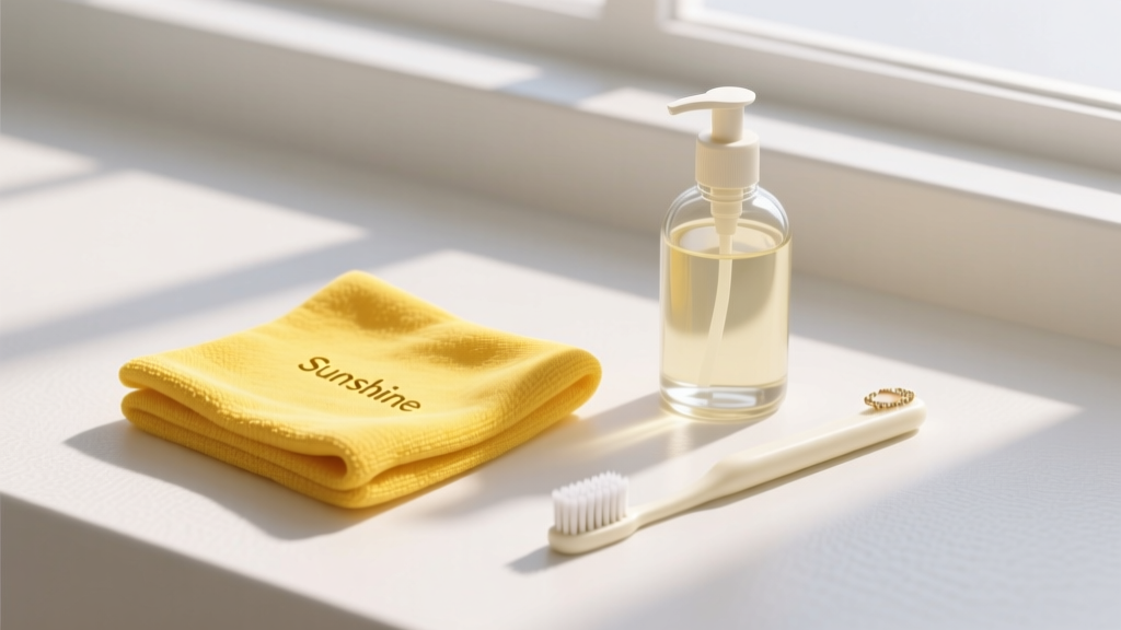 A flat lay of jewelry cleaning supplies including a yellow Sunshine polishing cloth, mild dish soap, and a soft-bristled baby toothbrush.