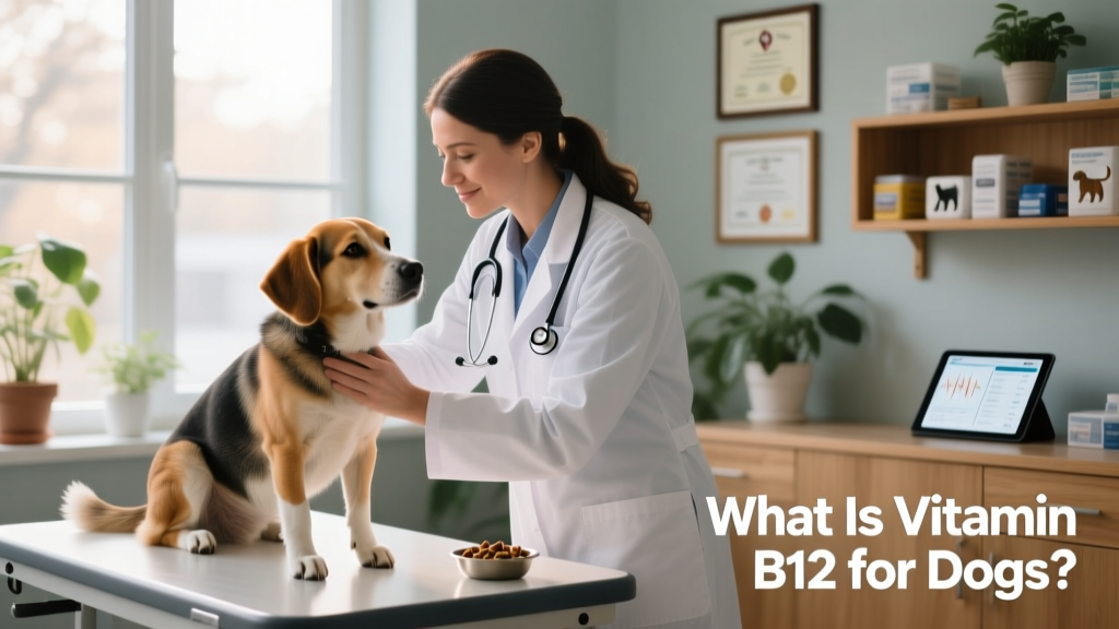 Veterinarian gently examining a calm, medium-sized dog during a routine wellness checkup