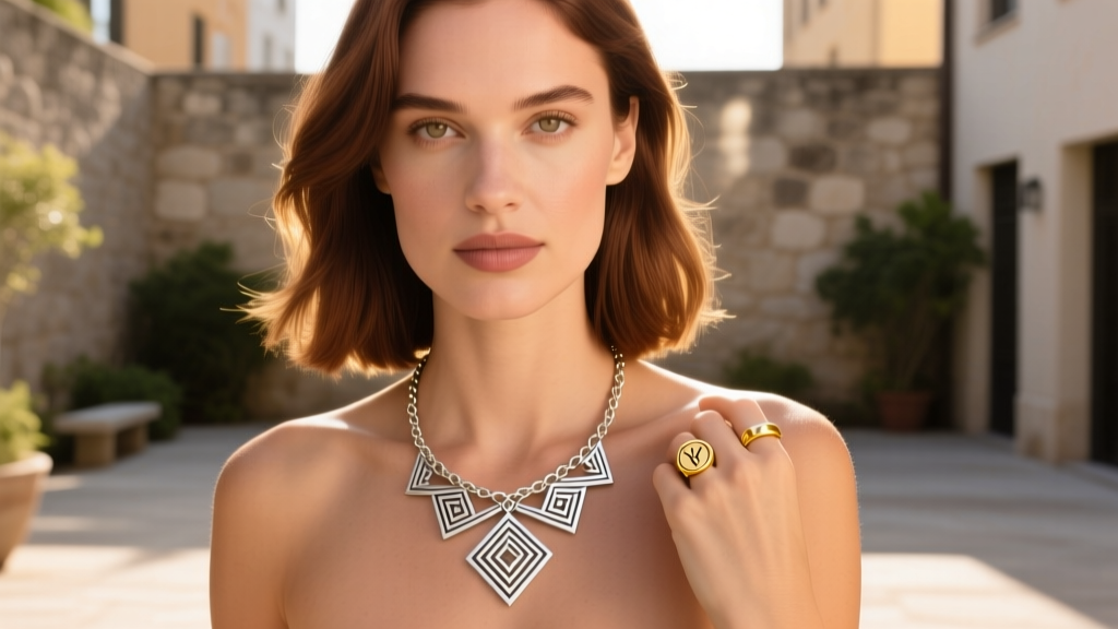 Woman wearing artisan jewelry, featuring a hand-stamped silver lariat necklace and 14k gold signet ring in warm natural sunlight.