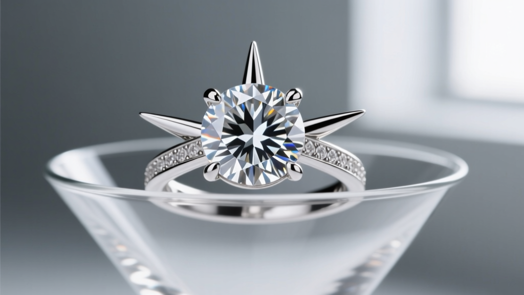 Macro shot of a six-prong platinum martini setting securely holding a large three-carat diamond pendant with sharp prong tips