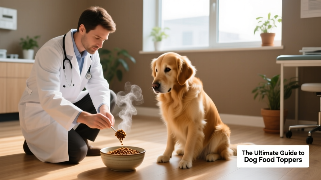 A veterinarian gently stirring a topper into a dog's meal during a wellness exam, with a calm golden retriever seated nearby