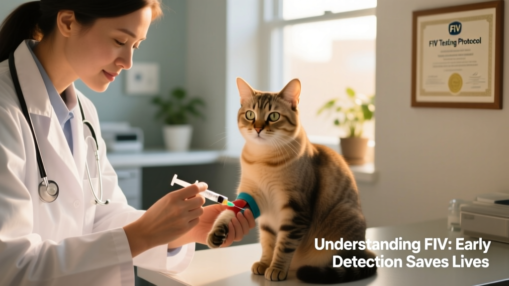 Close-up of a veterinarian drawing blood from a calm, seated cat during a routine exam