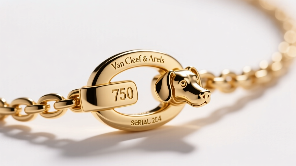 Macro photography of an 18k gold Van Cleef and Arpels necklace clasp showing the 750 hallmark, serial number, and dog head stamp.