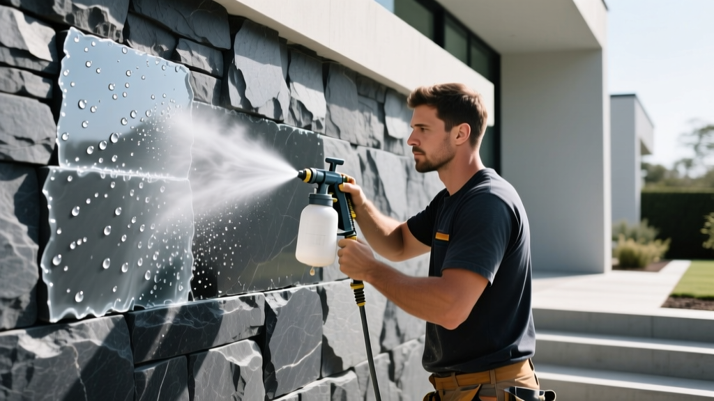 Mason applying clear penetrating stone veneer sealer to charcoal limestone exterior wall using low-pressure sprayer