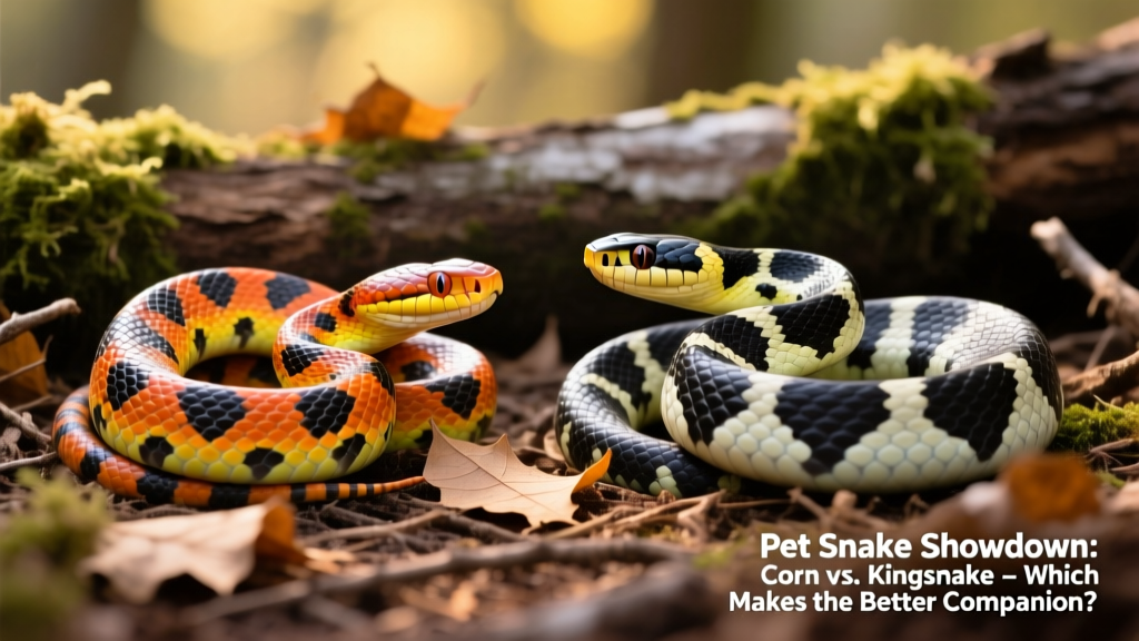 Side-by-side comparison of a corn snake and a California kingsnake on a naturalistic background