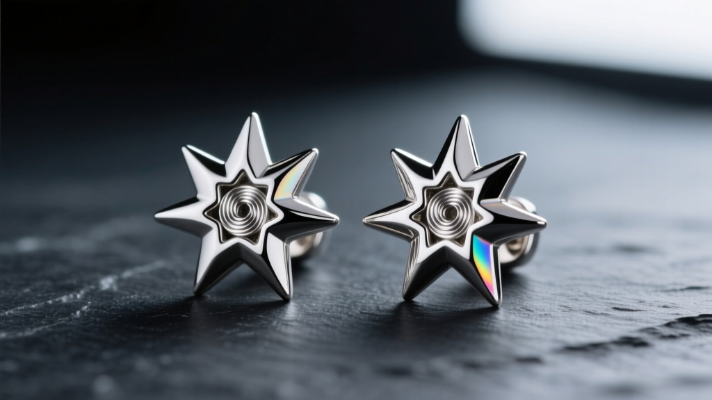 Macro shot of nickel smart supernova earrings showing a starburst titanium design with internal threading on a dark slate background.