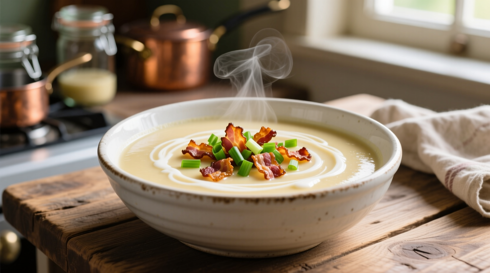 Creamy potato soup in white bowl with bacon and green onions