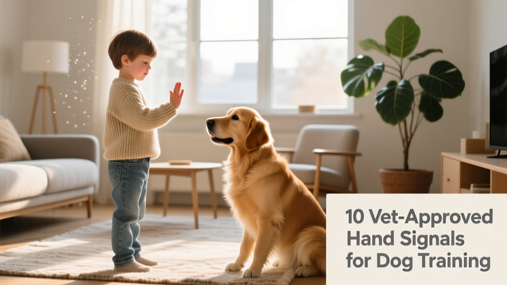 A young child gently training their dog in the living room using clear hand signals.