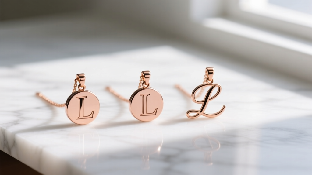Three small initial pendants side-by-side on a white marble surface showing serif, sans-serif, and script font styles in rose gold