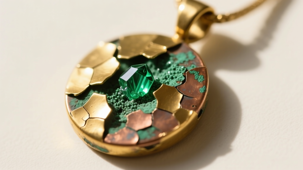 Close-up of gold electroplate flaking off a brass pendant base, exposing oxidized copper and subtle green verdigris buildup.
