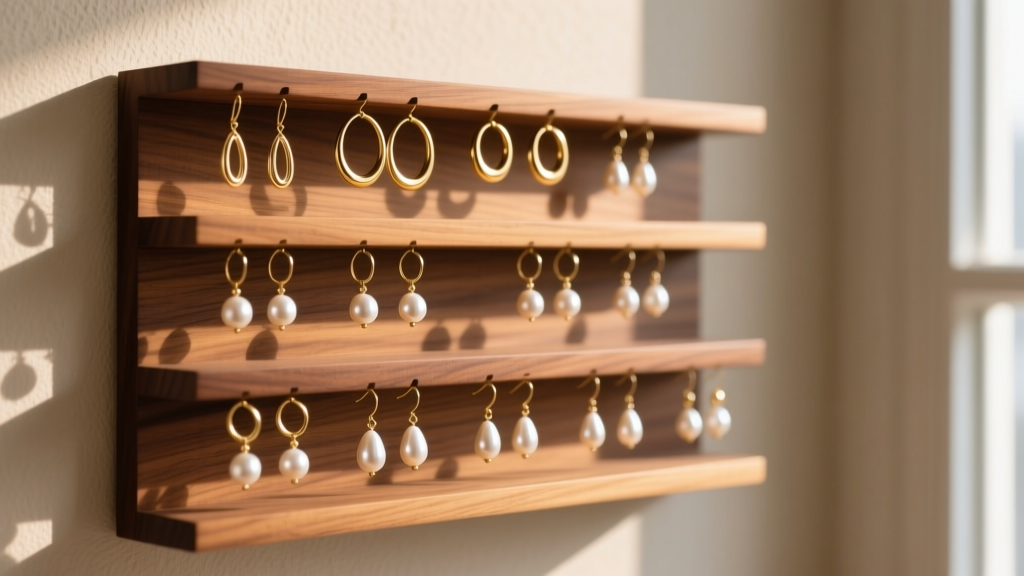 Vanity wall featuring a tiered wooden wall earring organizer displaying gold hoops and pearl drop earrings in soft morning light.