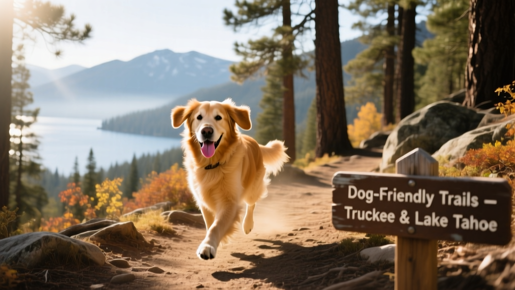 A happy dog trotting along a forested hiking trail with sunlight filtering through pine trees