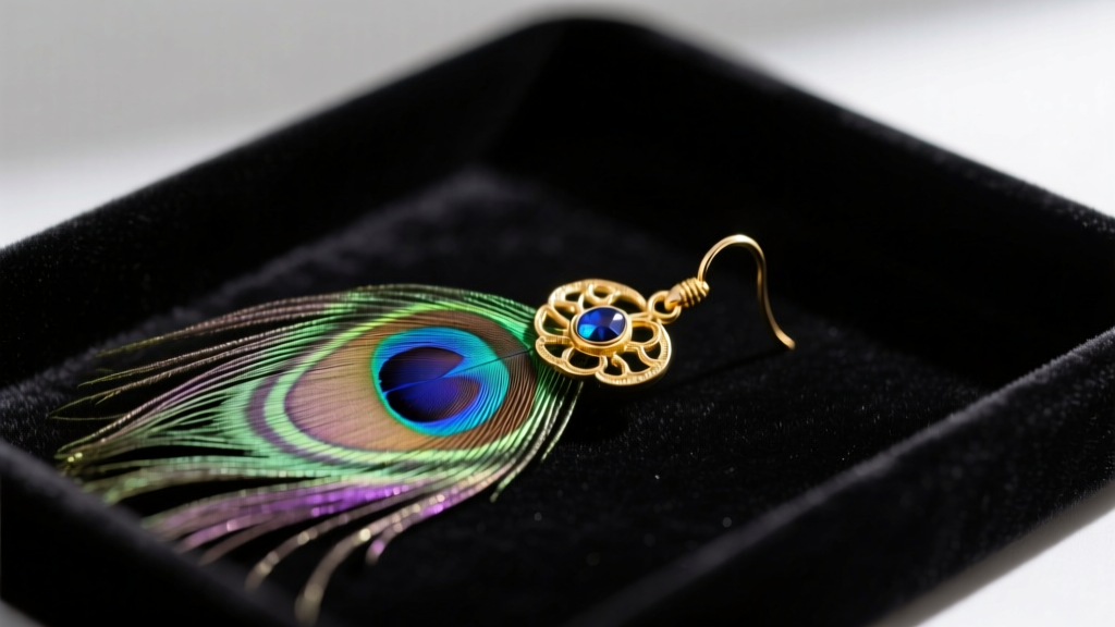 Close-up of a delicate, ethically sourced peacock feather earring with gold hardware resting on a dark velvet jewelry tray.