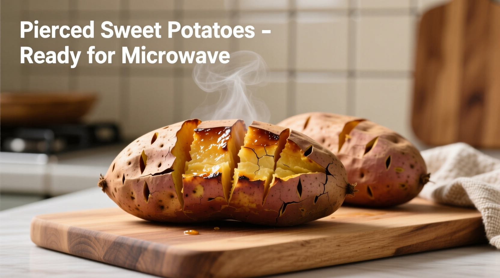 Pierced sweet potatoes ready for microwave